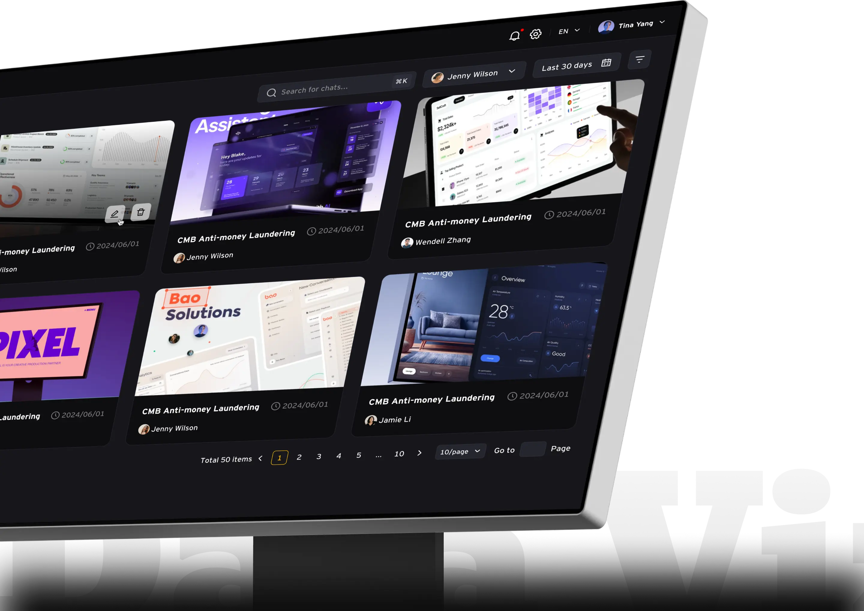 Dashboard asset management interface displayed on a monitor
