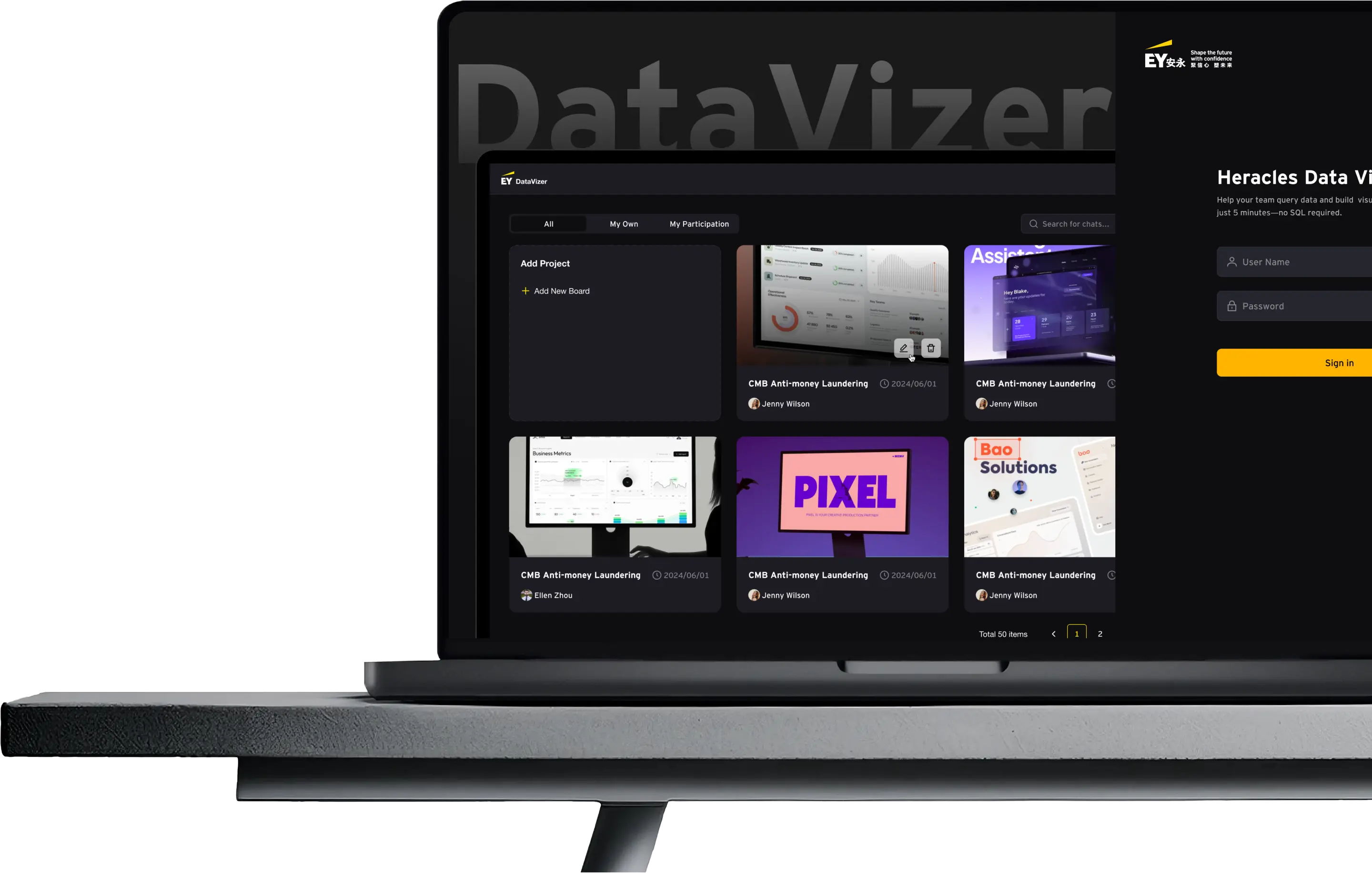 DataVizer sign-in view alongside a dashboard asset workspace
