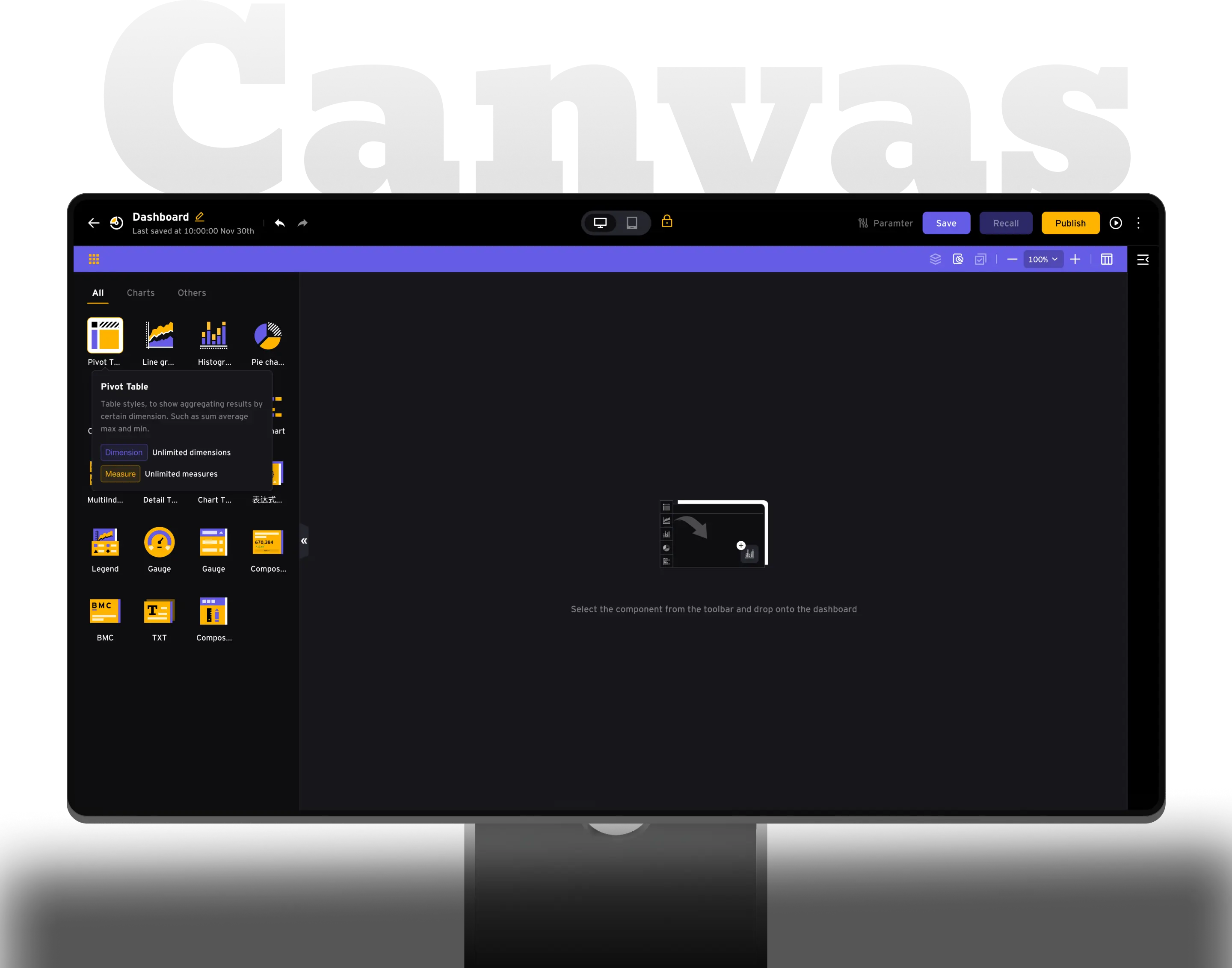 Dashboard builder canvas with discoverable chart component palette