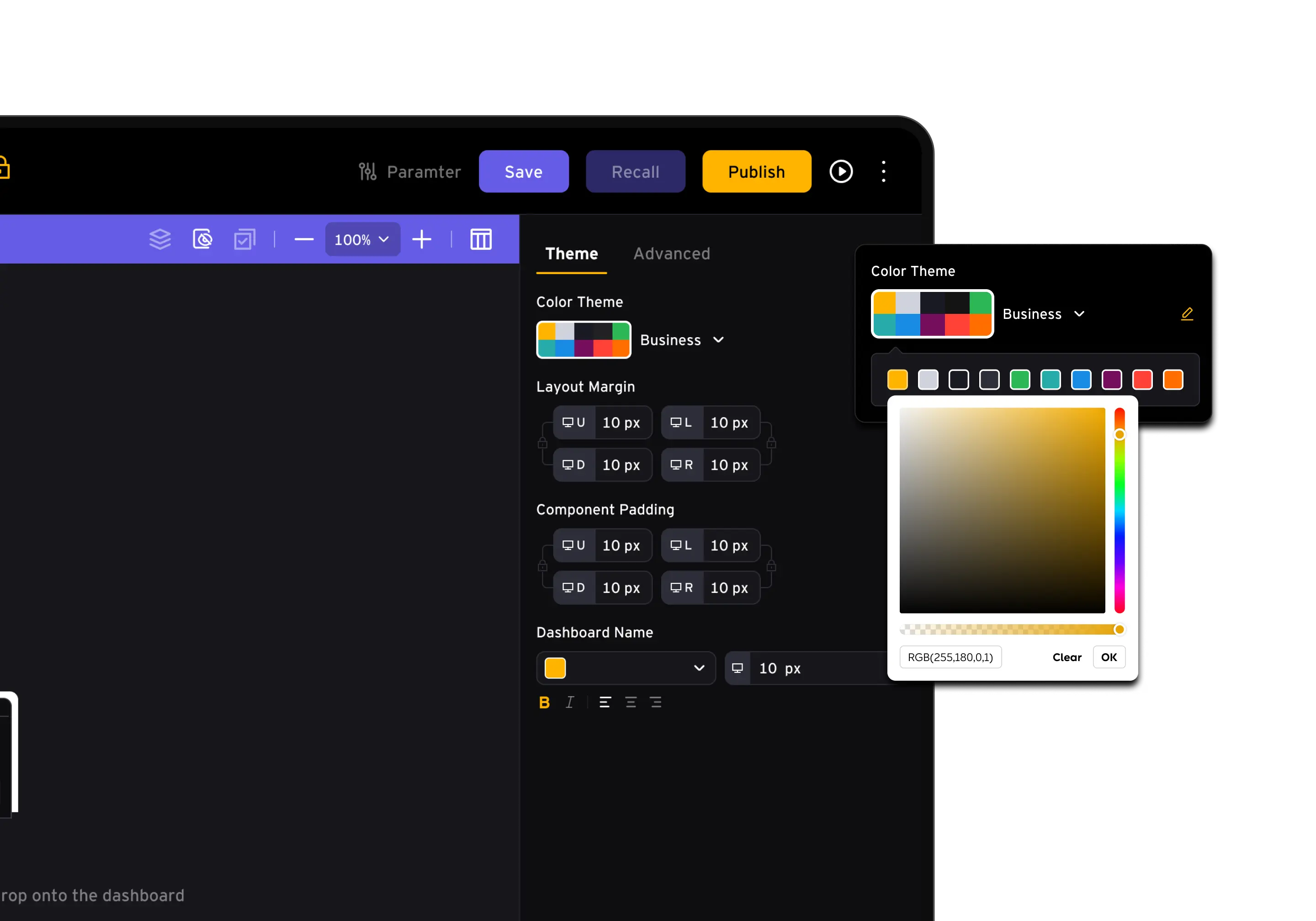 Dashboard theme controls and expanded color picker