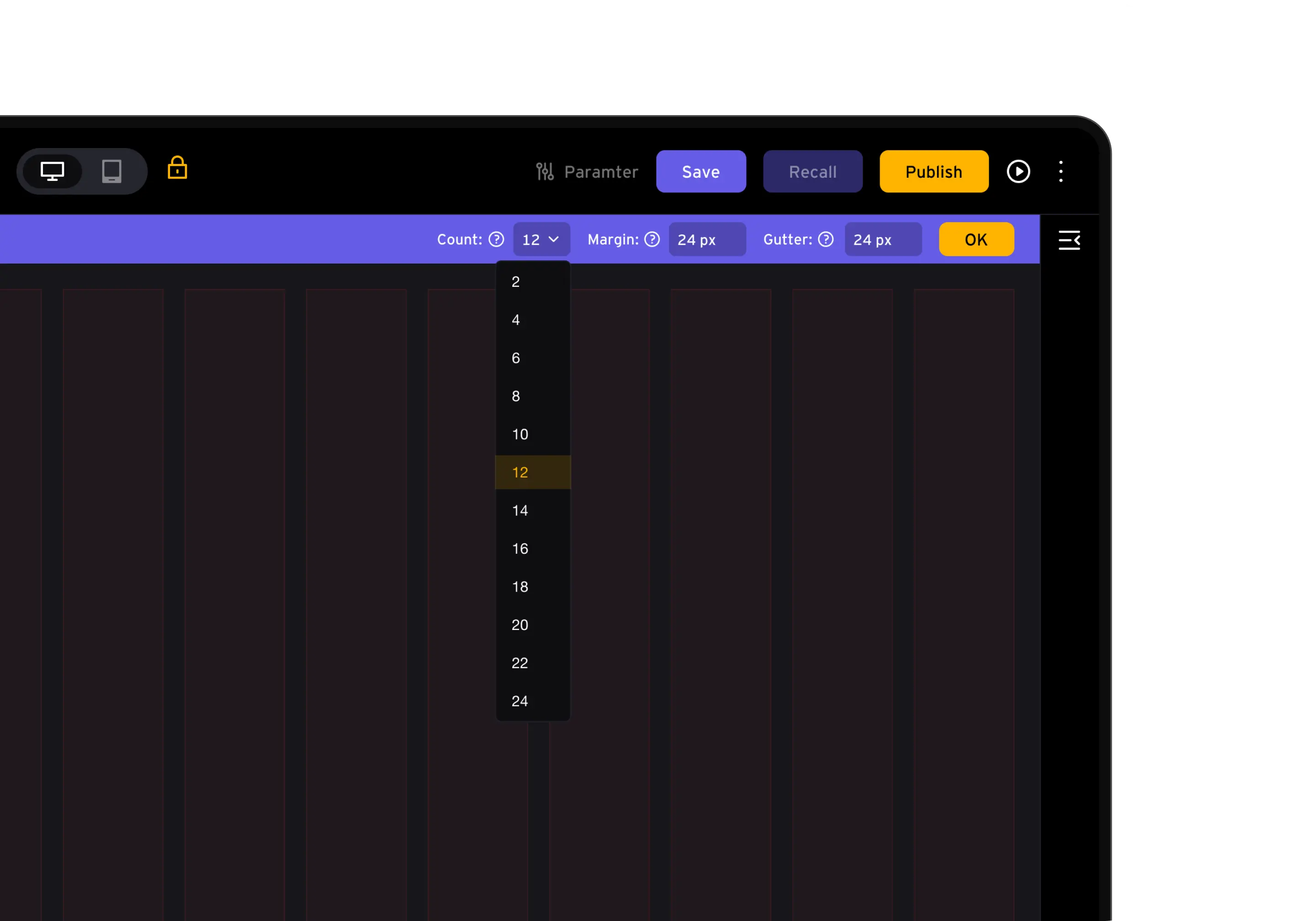 Dashboard grid configuration controls and visible column grid