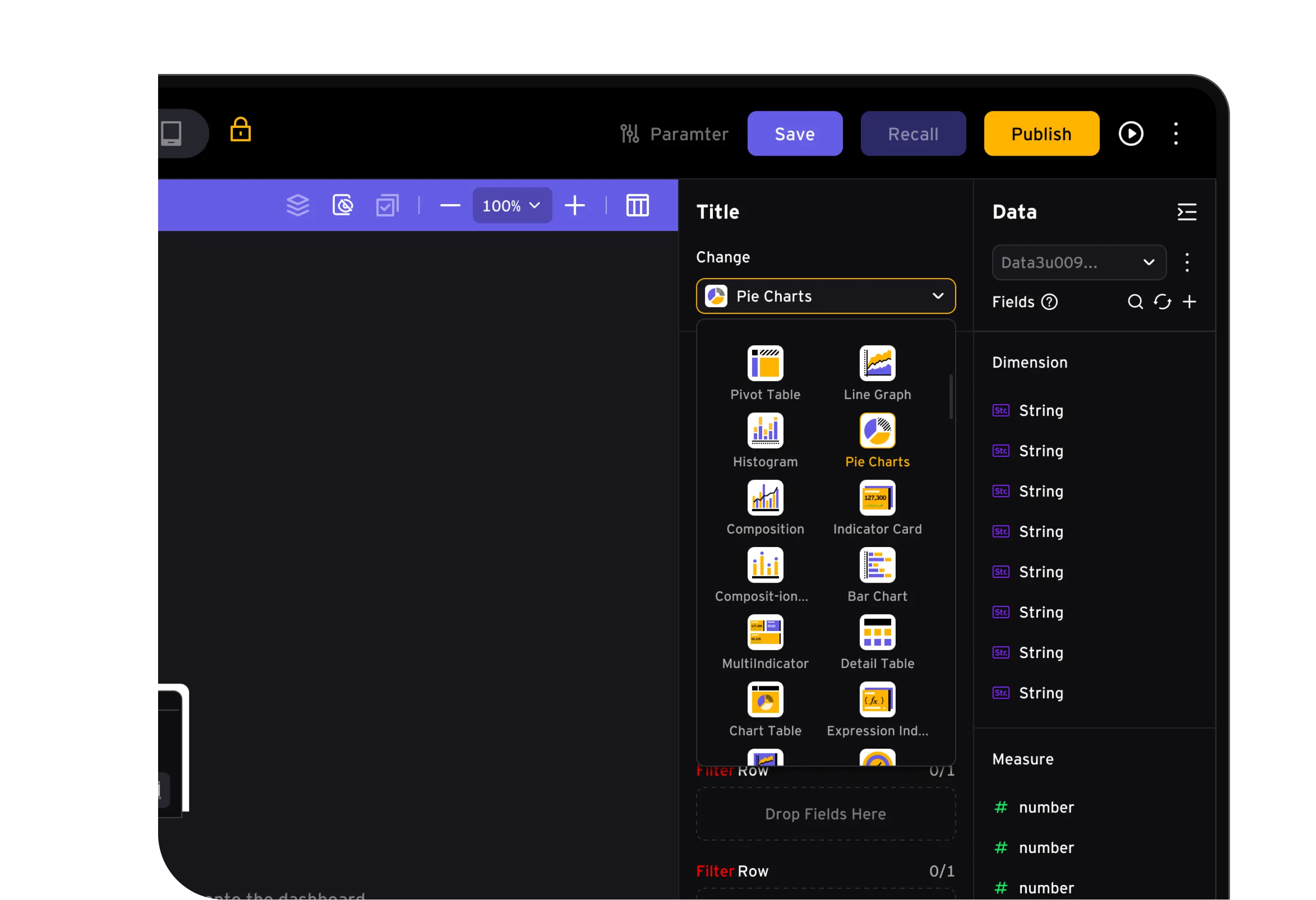 Chart selector and field-binding panel inside the dashboard builder