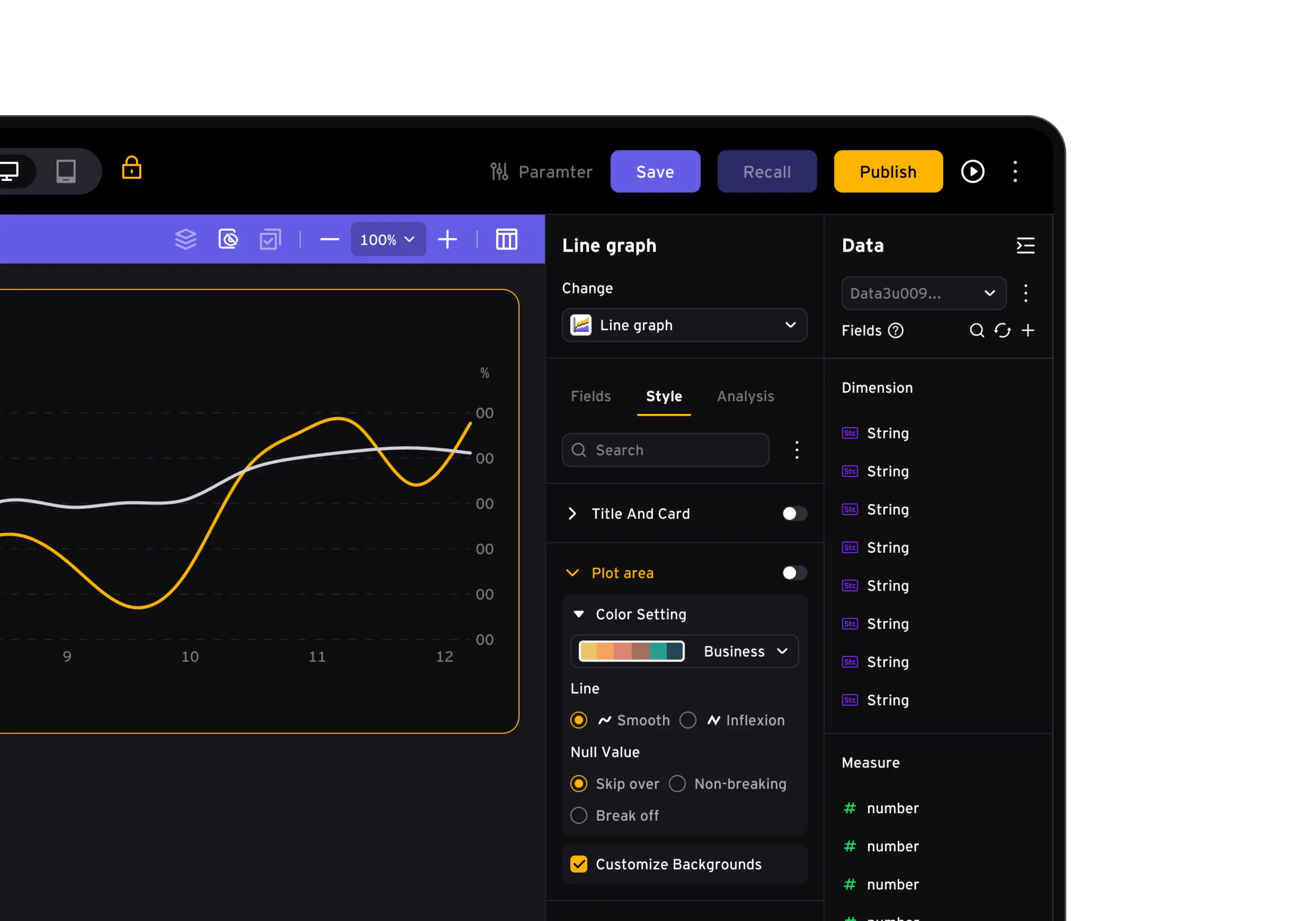 Line graph configuration panels and visual style settings